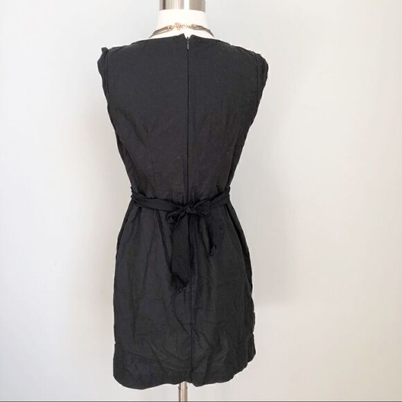 LOFT Black Linen Round Neck Waist Tie Belt Side Pockets Crew Neck Women’s Size 4 - Picture 2 of 7